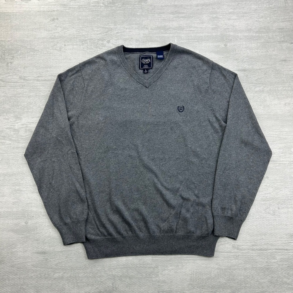Chaps Cotton Cashmere Sweater Size Large Gray V Neck Pull Over Logo Boho